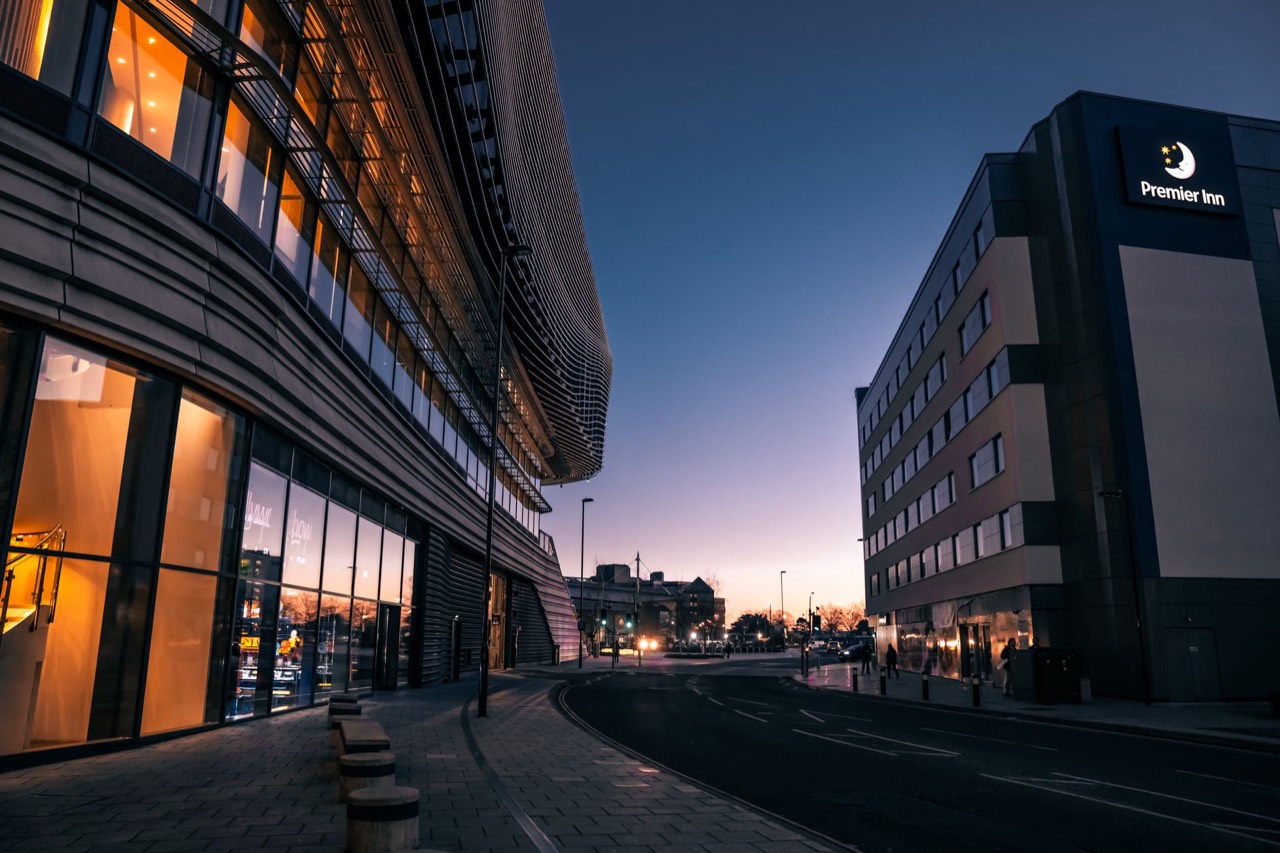 Modern city architecture at dusk in the Midlands