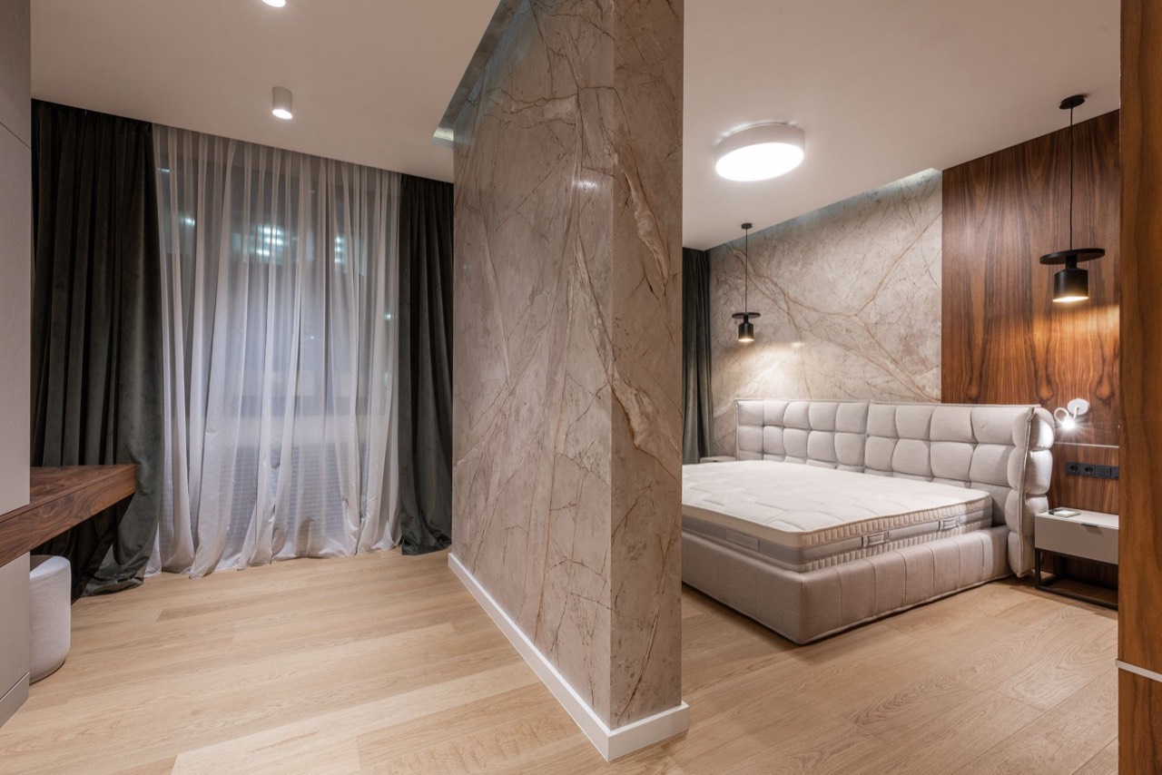Stylish serviced apartment bedroom